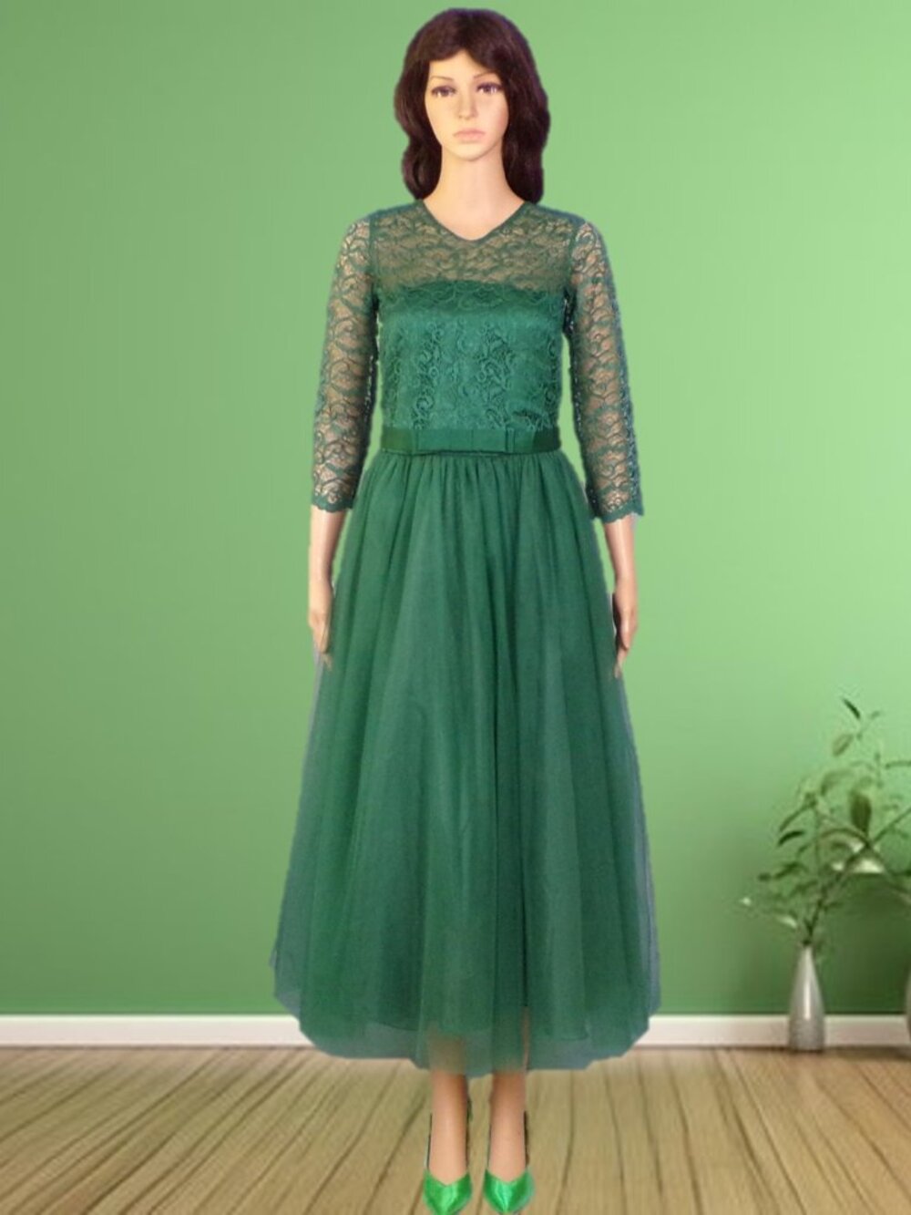 IBTOM CASTLE size 170 (Asia; M to L U.S.) green maxi fit/flare dress lace bodice